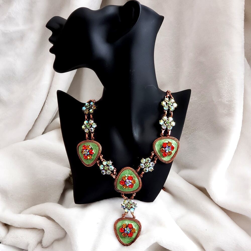 Vintage Copper Necklace & Earrings with Green Enamel and Colorful Rhinestones - Picture 2 of 8